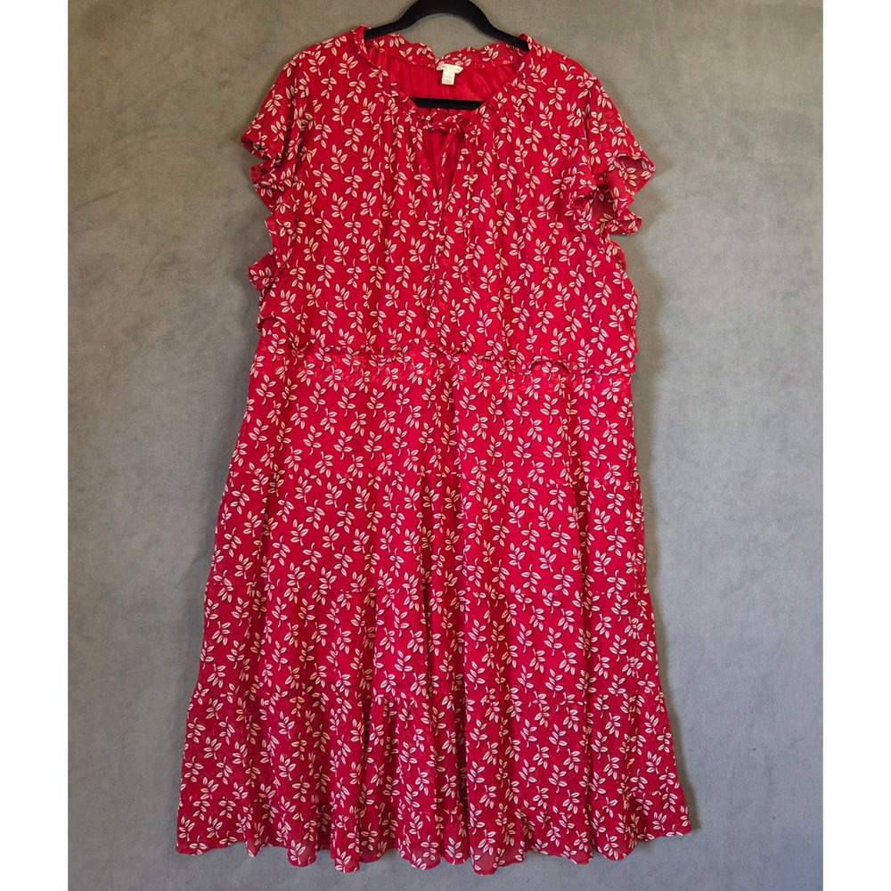 Cato Leaf Print Midi Dress Women's Size 26/28W Ruffle Sleeve Boho Cottage Flowy